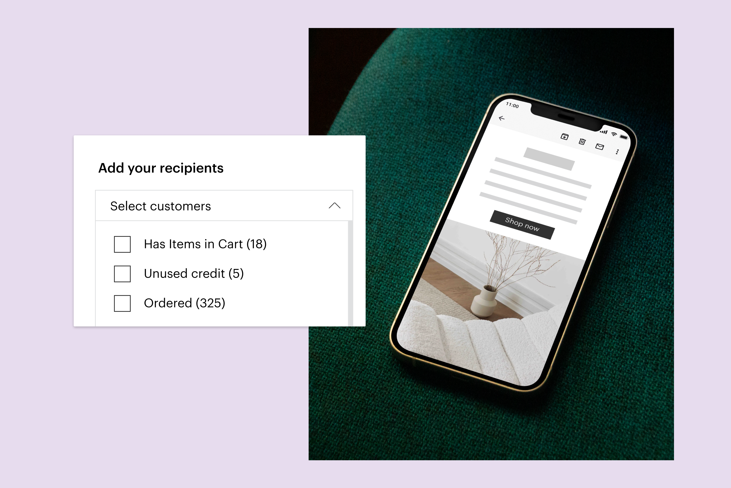An email is created with the option to send to custom, segmented lists