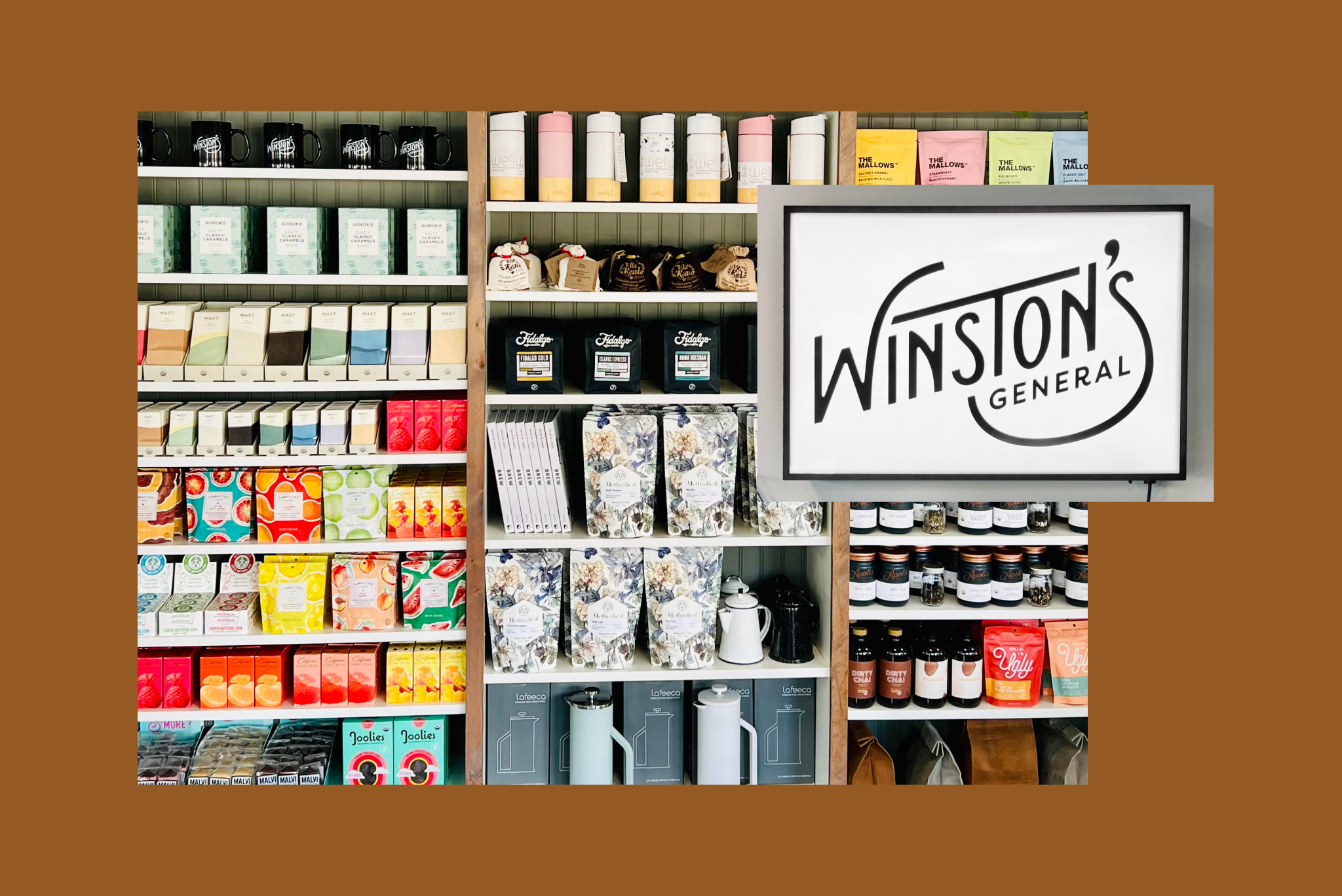 The shelves and logo for Winston's General, a specialty goods store in La Conner, Washington